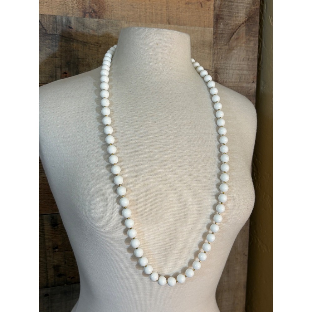 Vintage Style White Beaded Opera Length Necklace Gold Tone Spacers